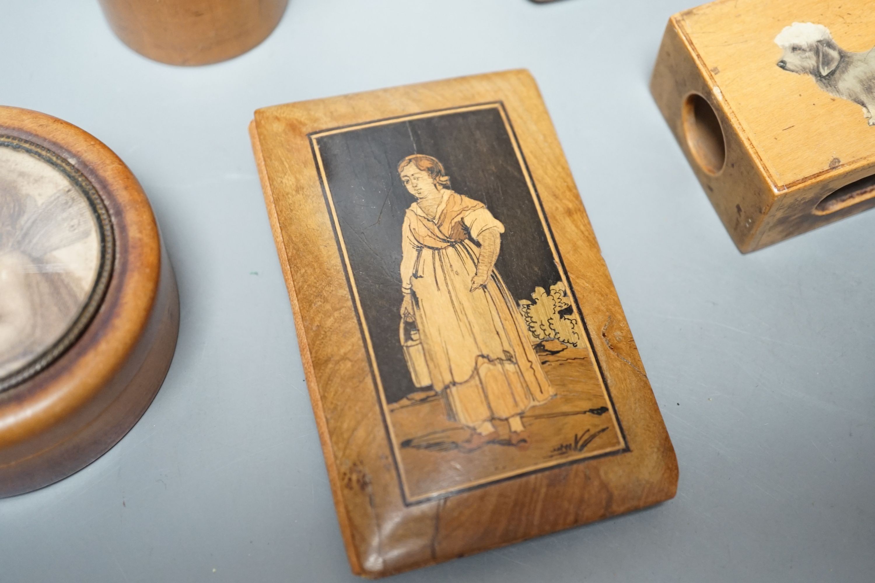 A mixed collection of small treen items and boxes to include a miniature dominos set, a Tunbridge ware ring box, etc.